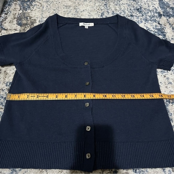 Madewell Blue Linen Scoop Button Up Short Sleeve Sweater Size XXS - Picture 9 of 11